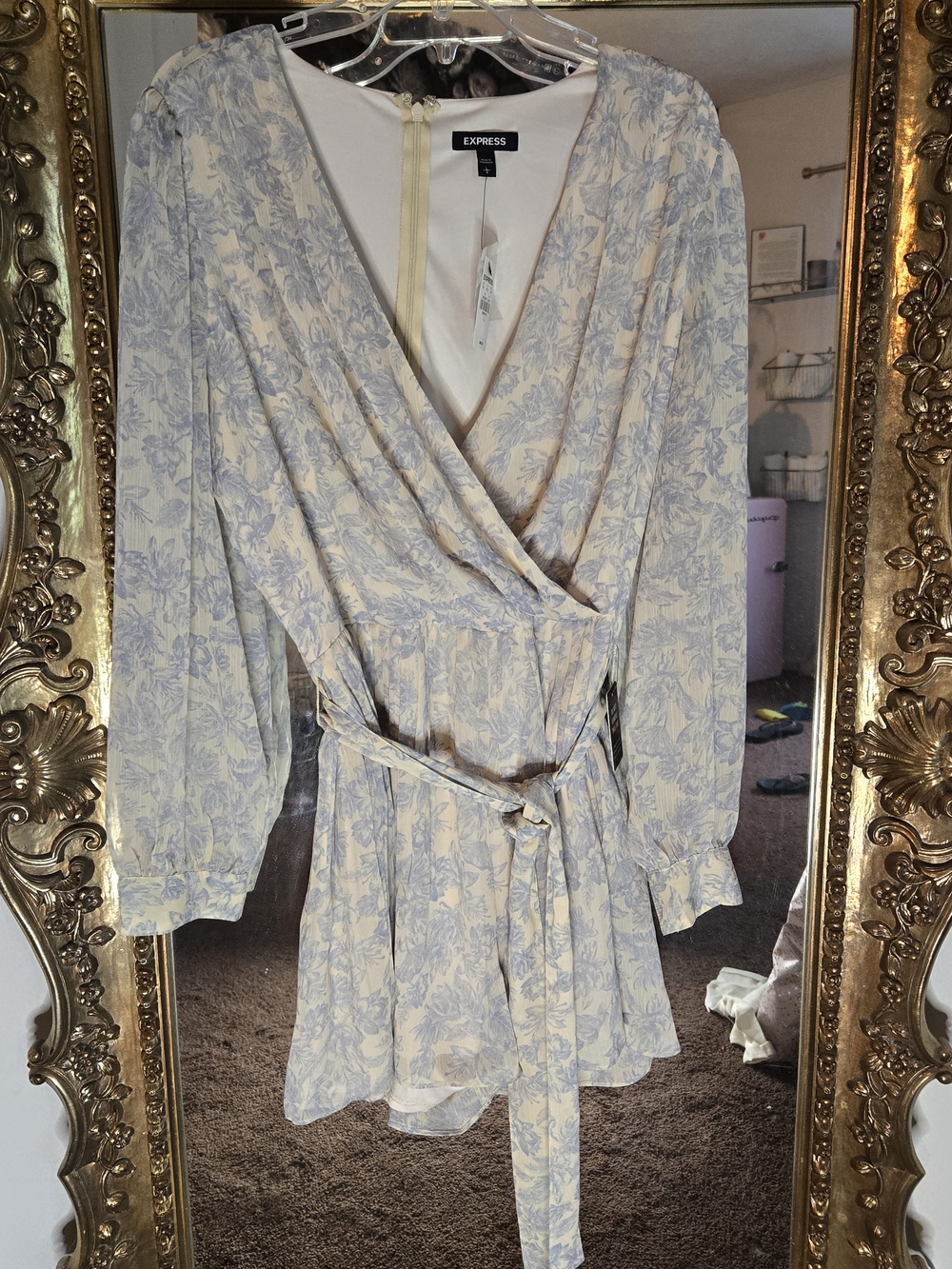 Express Floral Wrap Romper in Soft Blue and Cream